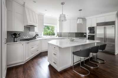 Kitchen with white cabinets and dark wood flooring
