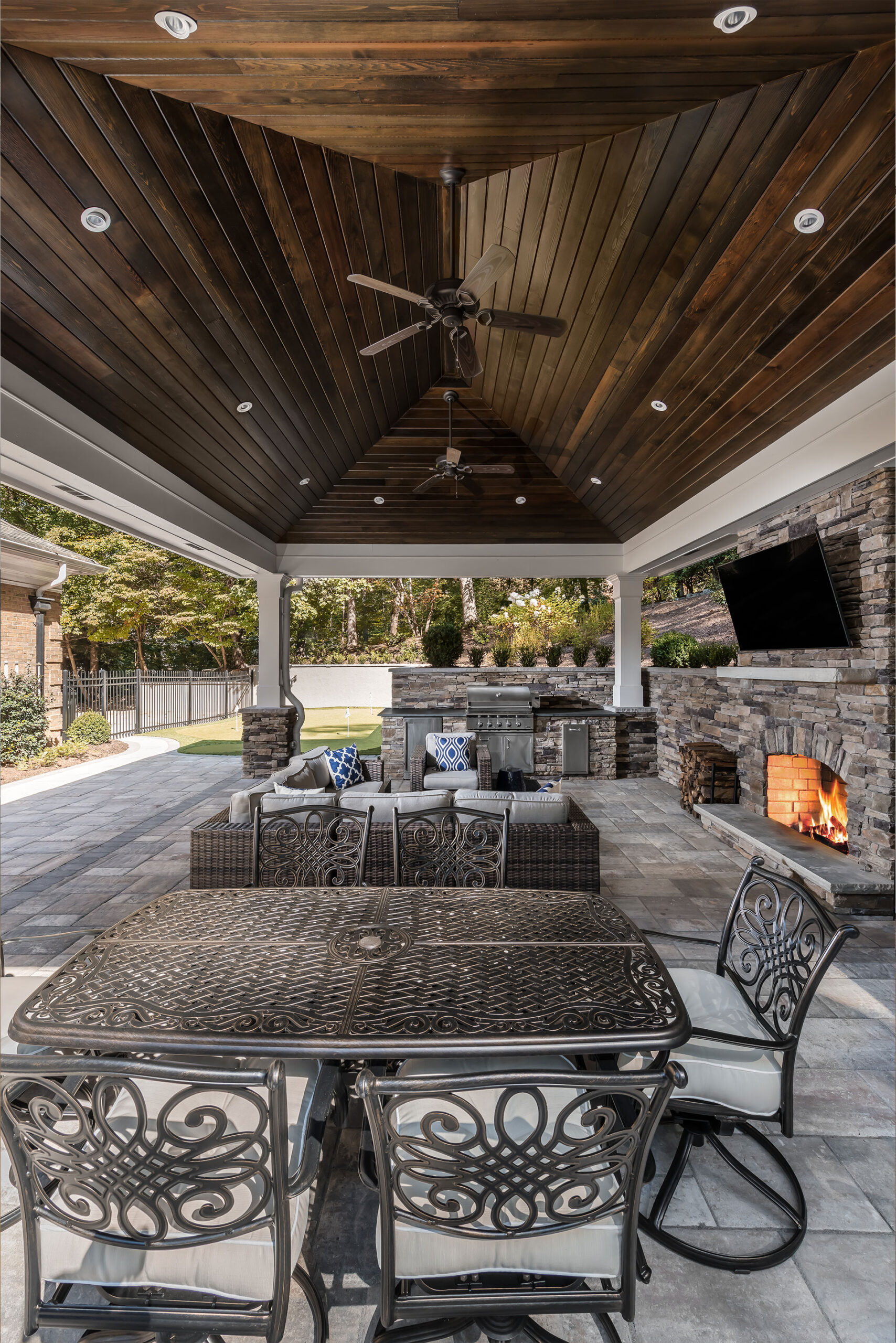 outdoor pool pavilion with cedar ceiling