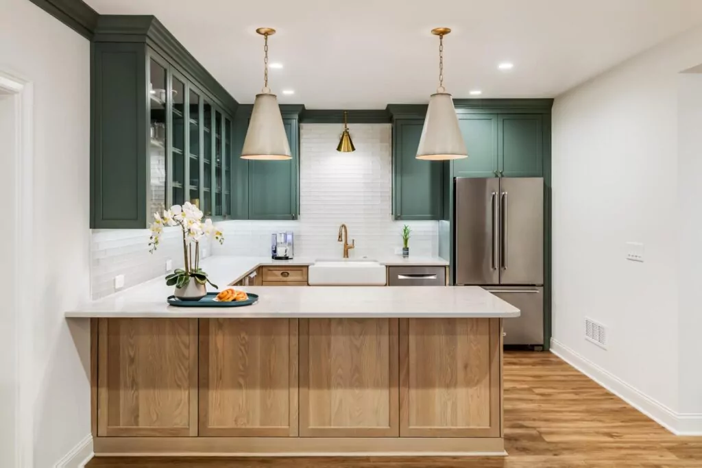 functional basement remodel with green cabinets and white tile
