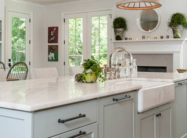 New kitchen remodeling project with white countertop island