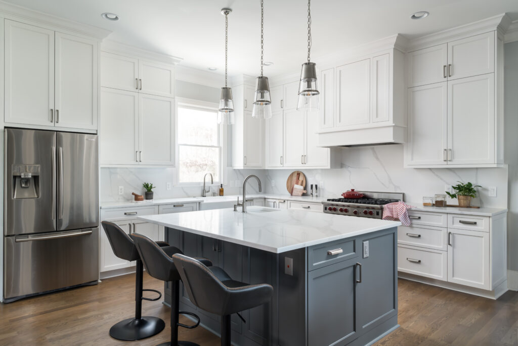 Morningside kitchen with blue island and white uppers