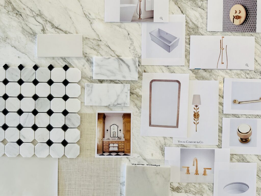 Images for remodeling inspiration laid out next to tile samples