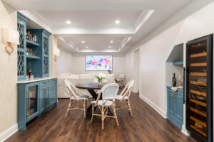 Newly remodeled basement bar and kitchen with blue accents