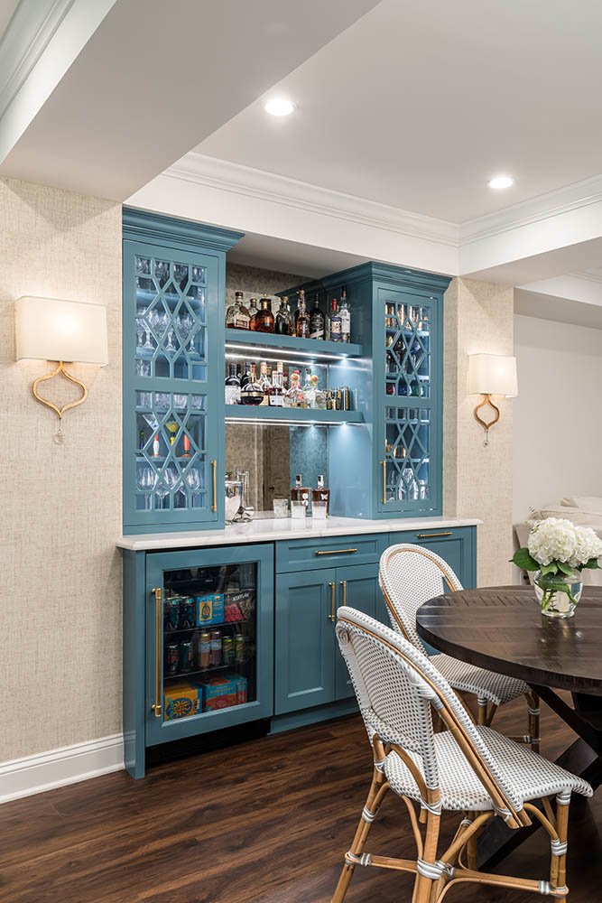 Newly remodeled basement bar and kitchen with blue accents