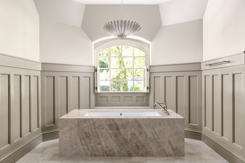 luxury bathroom with a coffee bar freestanding quartzite tub