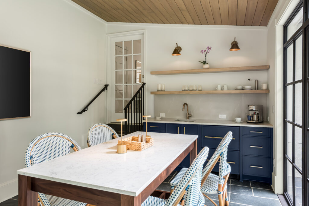 Stylish Update For a Sunporch with a blue home bar