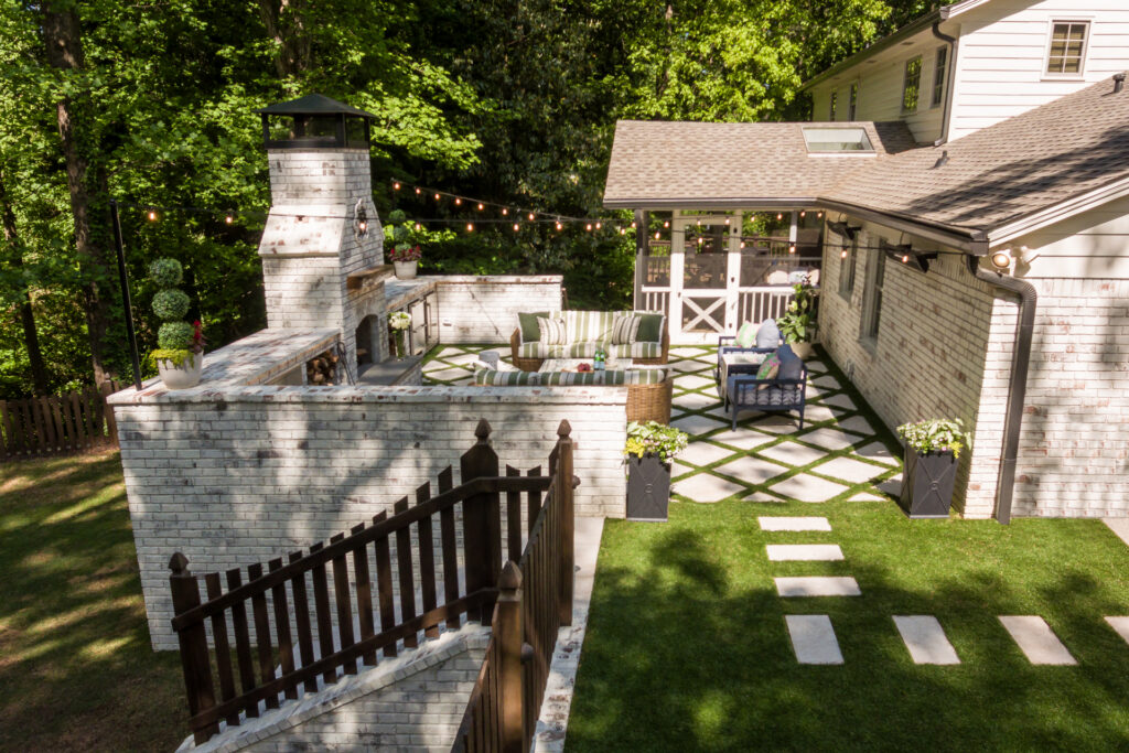outdoor living space terrace with outdoor fireplace