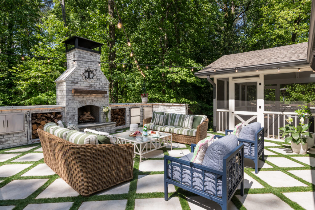 outdoor living space terrace with outdoor fireplace