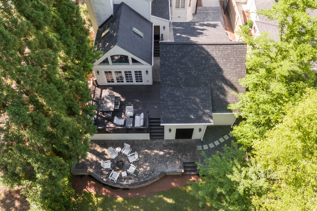 Drone shot of backyard outdoor living spaces in Buckhead, Atlanta