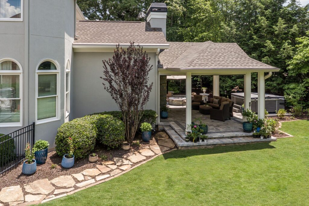 This pavilion serves as a gateway to the series of outdoor rooms in John's Creek, Georgia