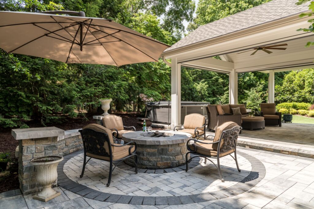 Fire pit patio in a series of outdoor rooms in John's Creek, Georgia