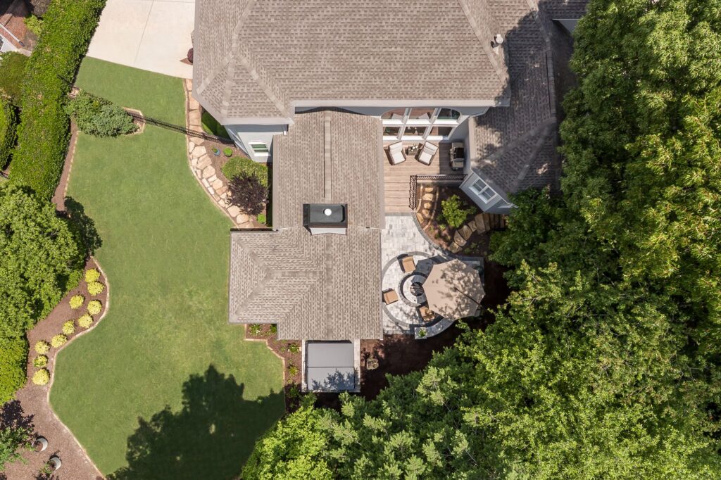 a drone shot of a johns creek outdoor living transformation